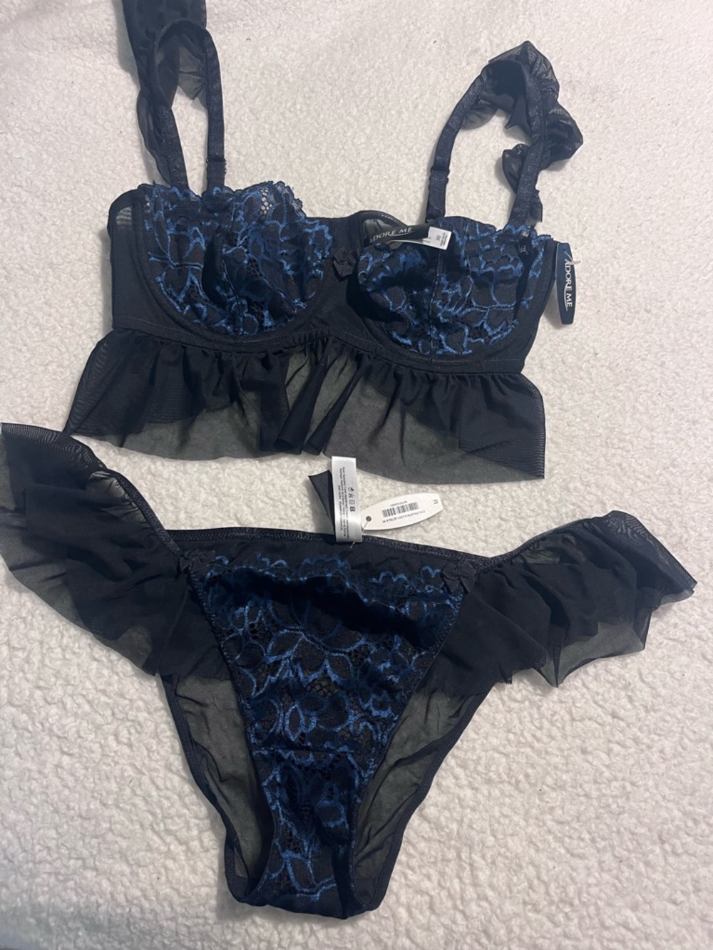 Adore Me Black Bralette & Bikini Set with Blue Floral Lace